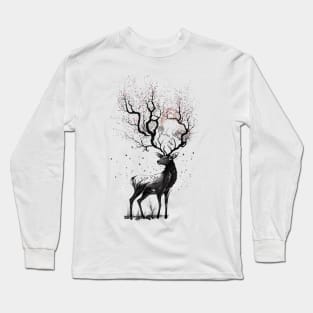 Nara Deer and Cherry Blossom Sumi-e Long Sleeve T-Shirt